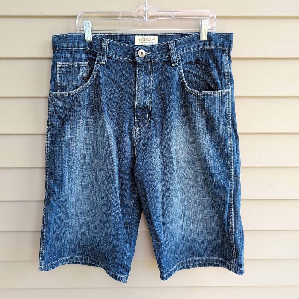 Dodeca Denim Shorts Mens 34 Blue Baggy Y2K Skater Jorts Crosshatch 100% Cotton